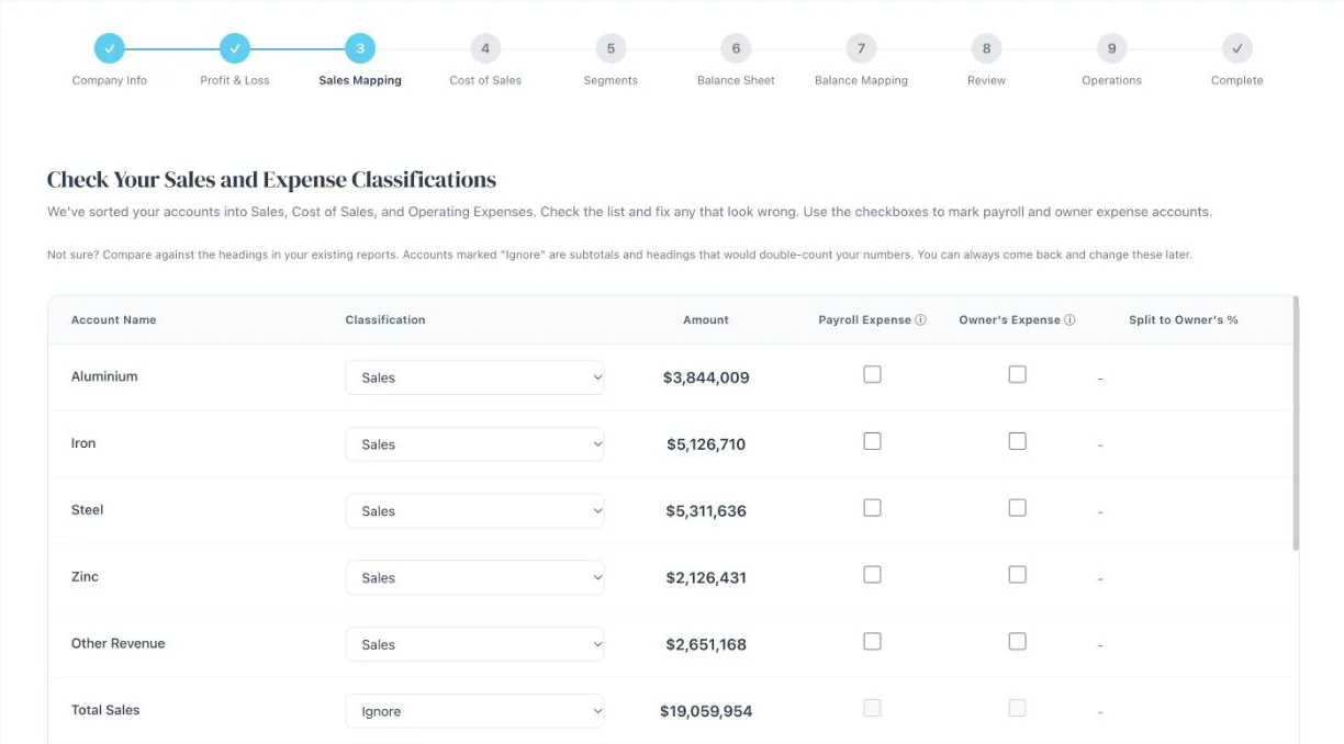 The Check Your Sales and Expense Classifications step. Each account has a classification such as Sales, plus tick boxes for payroll and owner’s expenses.